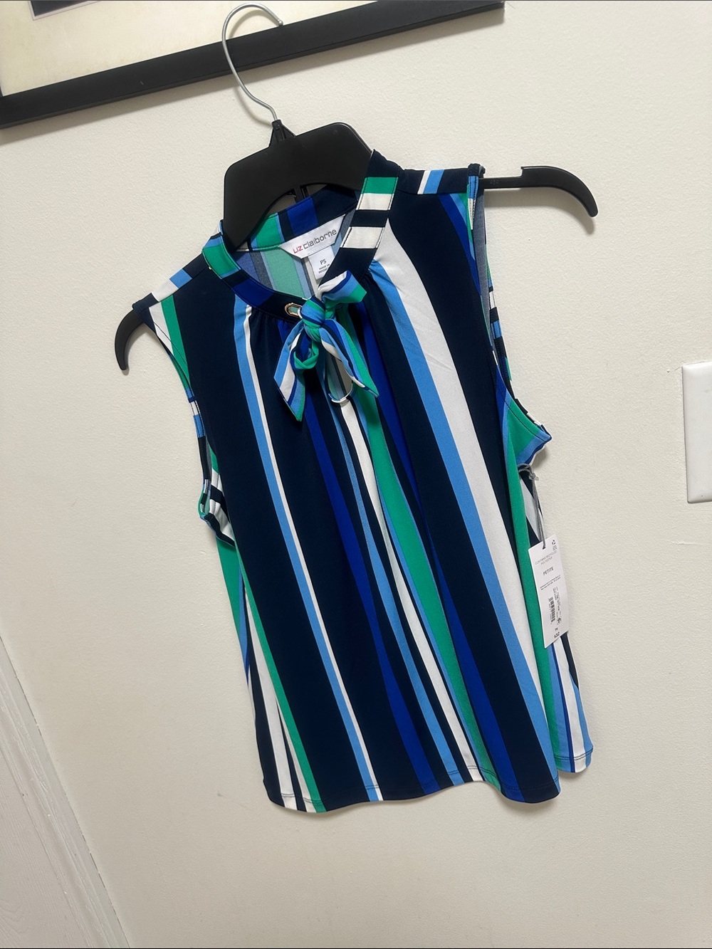 CeCe Navy, Blue & Green Striped Tie-Neck Sleeveless Top